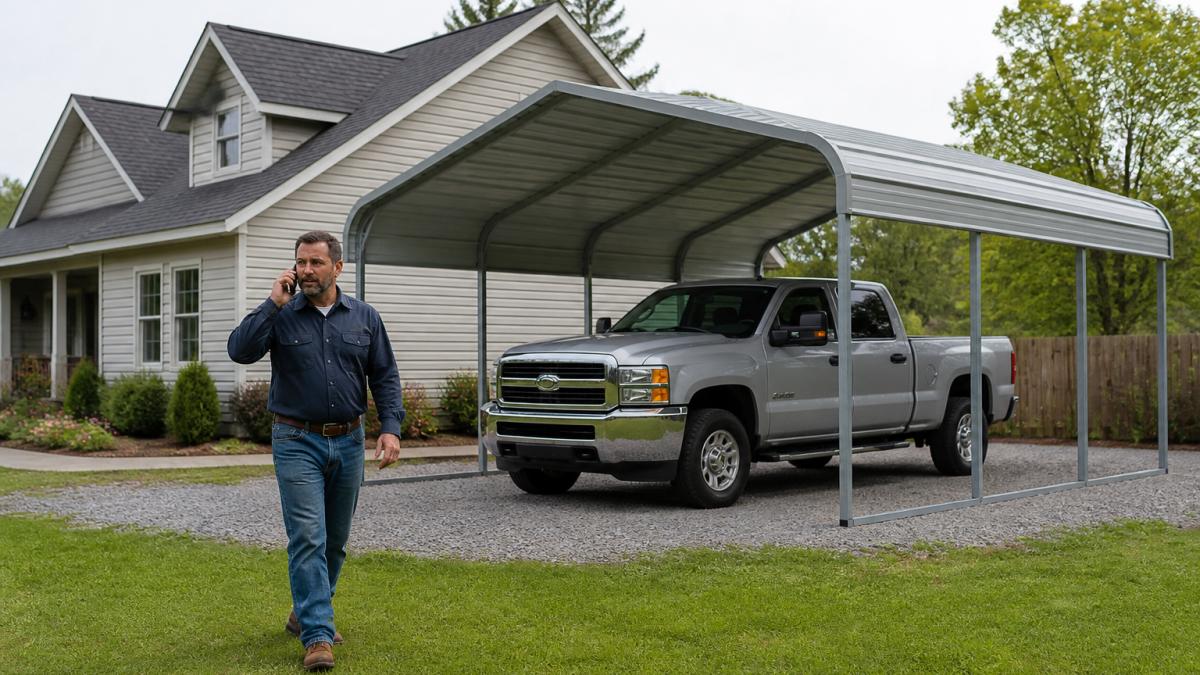 Galvanized steel carport over a pickup truck, showing if rent to own is worth it for carports at home.