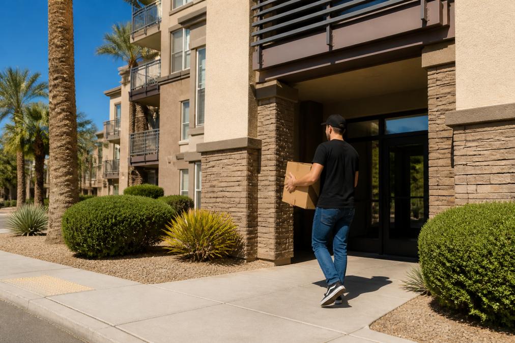 A modern Las Vegas apartment complex exterior with a person moving a cardboard box through the front entrance, clear blue sky overhead