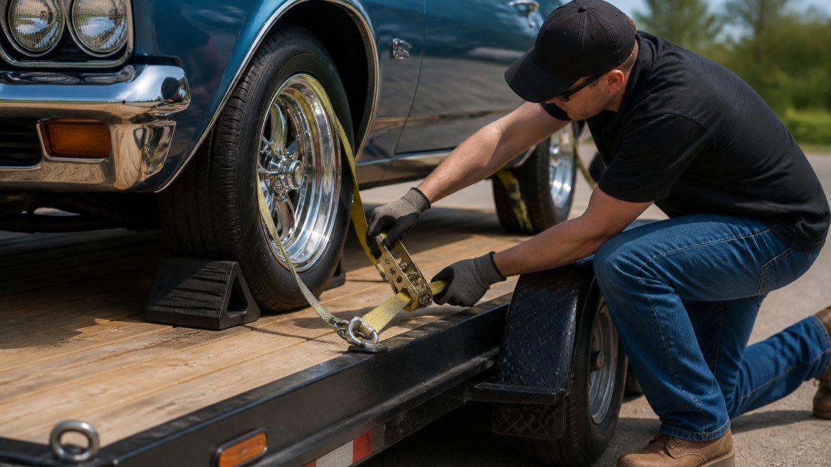 A person in work gloves tightening a ratchet strap over the front tire of a classic car on an open car hauler trailer, with wheel chocks visible and tie-down points in frame, outdoor daylight setting