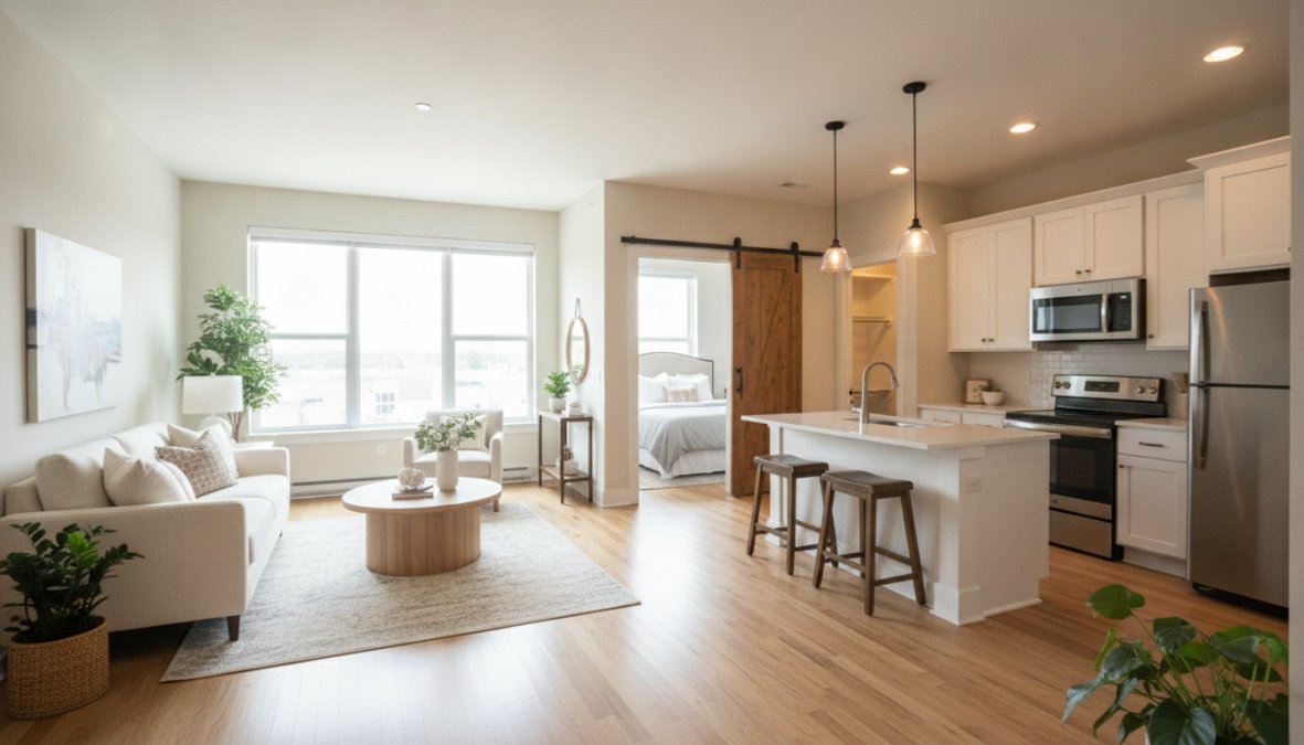 Modern one-bedroom apartment interior with bright natural lighting, open floor plan showing living area and separate bedroom, contemporary furnishings and stainless steel kitchen appliances