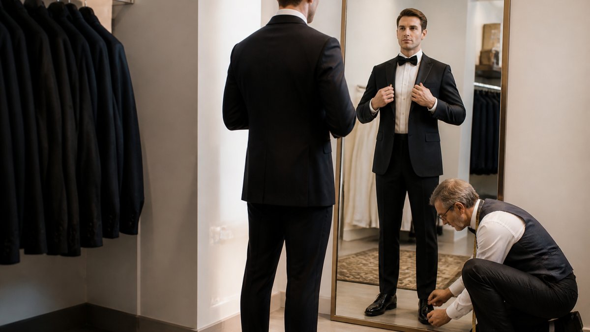 Tailor pinning the hem of a black tuxedo for a groomsman standing before a full-length mirror in a bright studio.