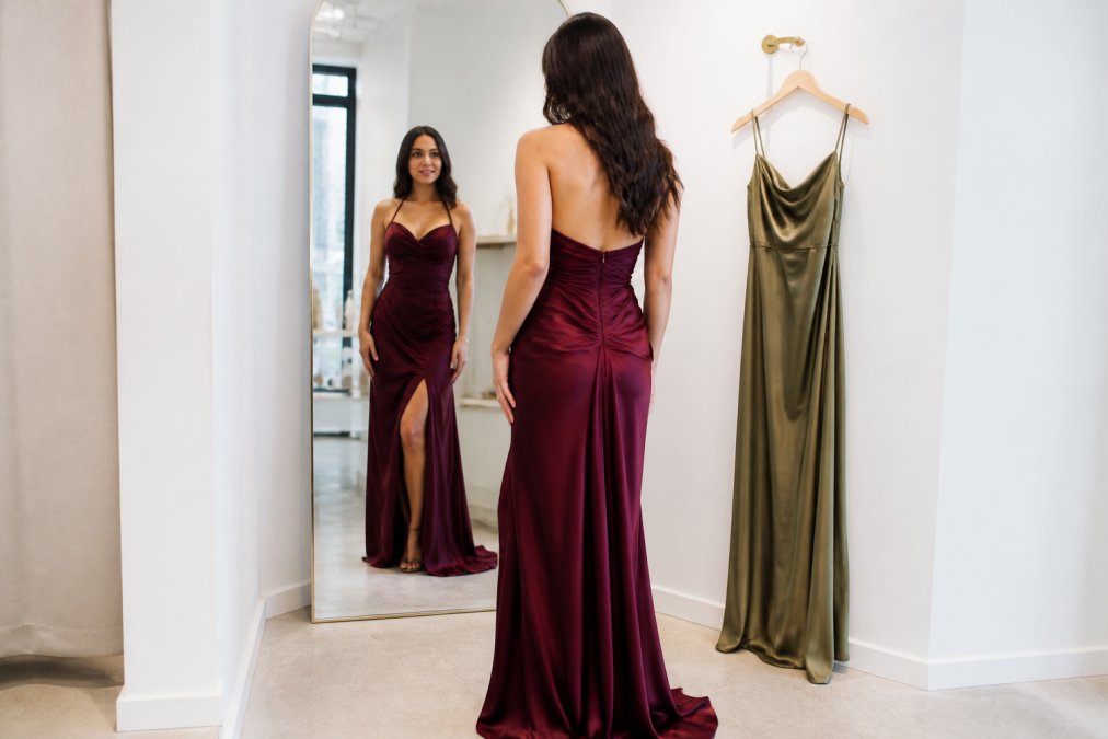 A woman in an elegant wine-coloured designer gown looking at her reflection in a full-length mirror inside a bright boutique fitting room, with a second dress on a hanger nearby