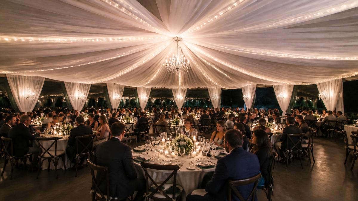 A wedding reception hall with white ceiling drapes swagged from the center point, round tables set below with candlelight, guests seated in an elegant evening setting