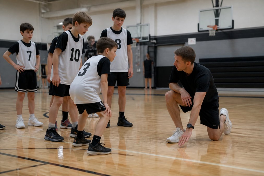 A group of young athletes in numbered practice jerseys running basketball drills in a bright gymnasium, with a coach kneeling to demonstrate footwork technique to attentive kids aged 10-14 under overhead court lighting
