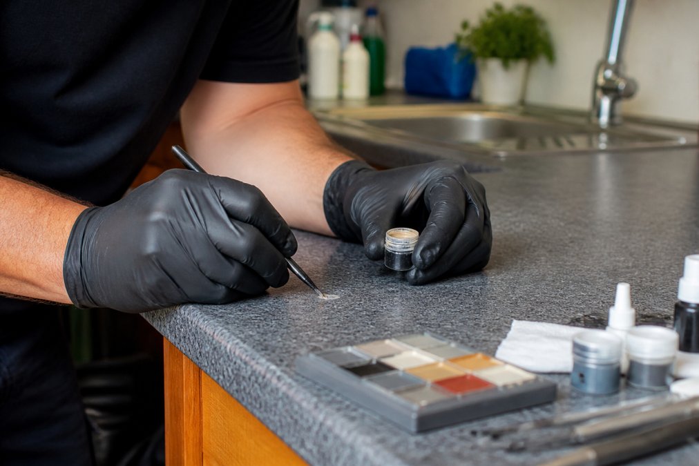 Close-up of a technician's hands carefully applying a colour-matched finish to a small chip on a laminate kitchen worktop, with specialist tools and colour samples visible on the counter