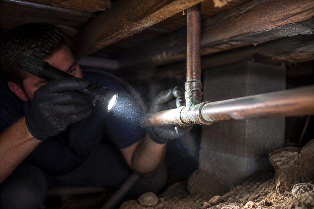 Close-up of a plumber's gloved hands inspecting a corroded copper pipe joint with a flashlight in a dark residential crawl space, dust particles visible in the beam