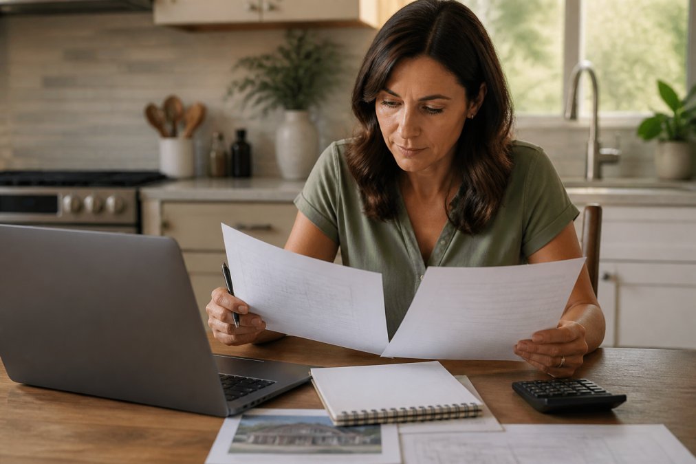 Homeowner reviewing insurance documents and home repair estimates at a kitchen table with a laptop, notepad, and calculator under warm natural lighting