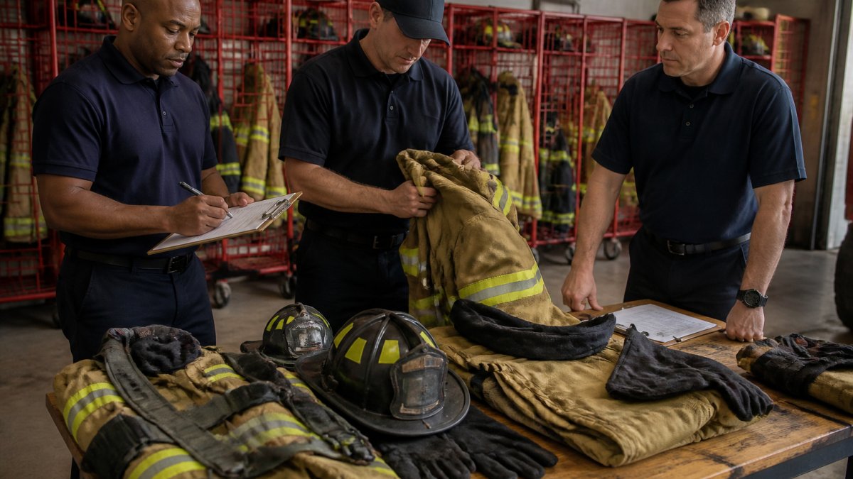 Fire department leadership team reviewing PPE inventory and condition assessment during a station equipment inspection, with gear laid out on tables and inspection forms visible