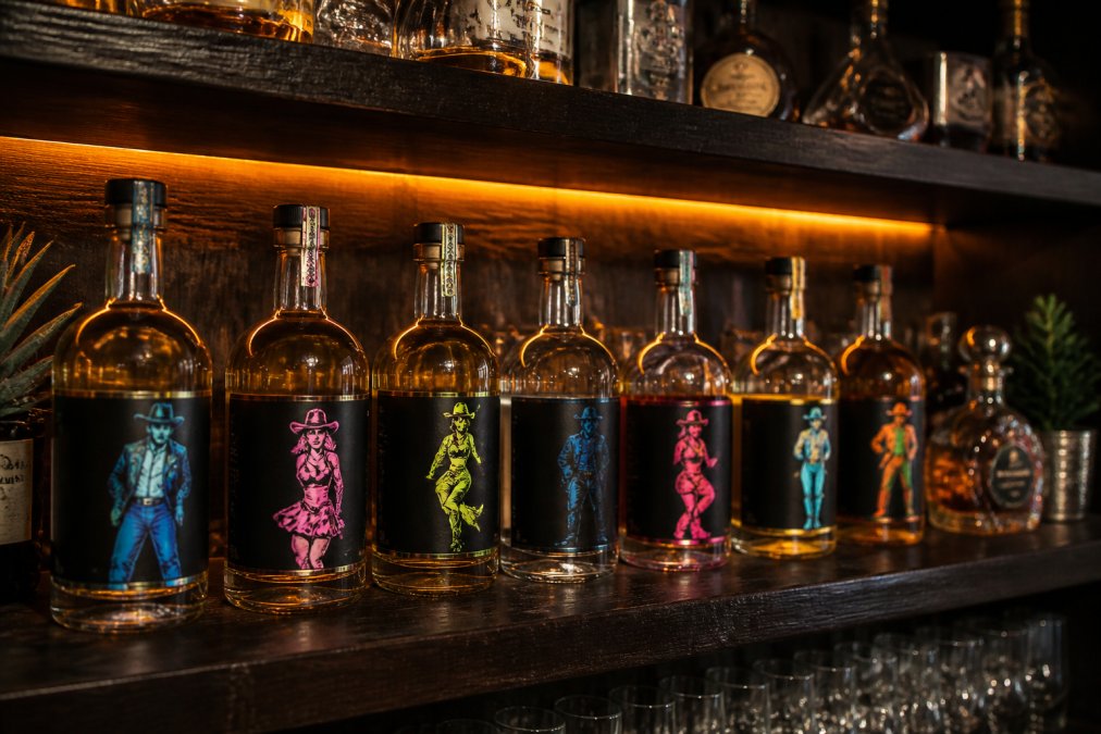 A selection of premium reposado tequila bottles displayed on a dark wooden shelf in a home bar setting, with warm accent lighting highlighting the label details and varying amber hues of the spirits