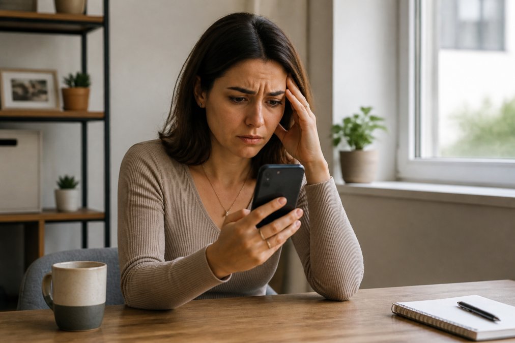 A woman looking concerned while holding a smartphone showing a notification about restricted account activity, sitting at a home desk with a coffee mug, soft daylight from a window