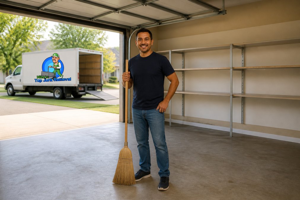 Homeowner standing in a cleared two-car garage with a broom, empty shelving along the back wall, open garage door letting in morning light, junk removal truck visible in the driveway