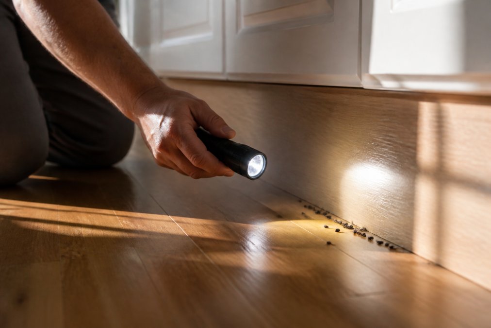 Close-up of a homeowner's hands holding a small flashlight, kneeling to inspect a wooden baseboard in a kitchen for signs of rodent droppings, late afternoon light casting shadows across the floor