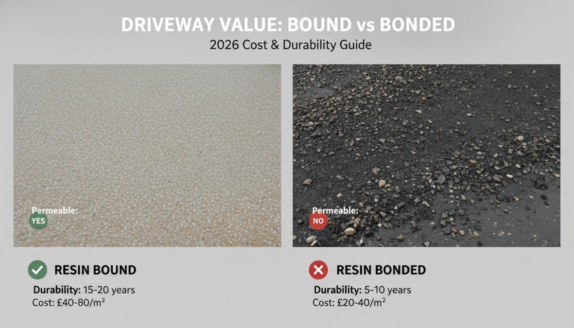 Close-up of two driveway sections side by side in natural daylight, left showing the smooth, even surface of a resin bound finish with fine aggregate, right showing the rougher, more textured surface of a resin bonded driveway