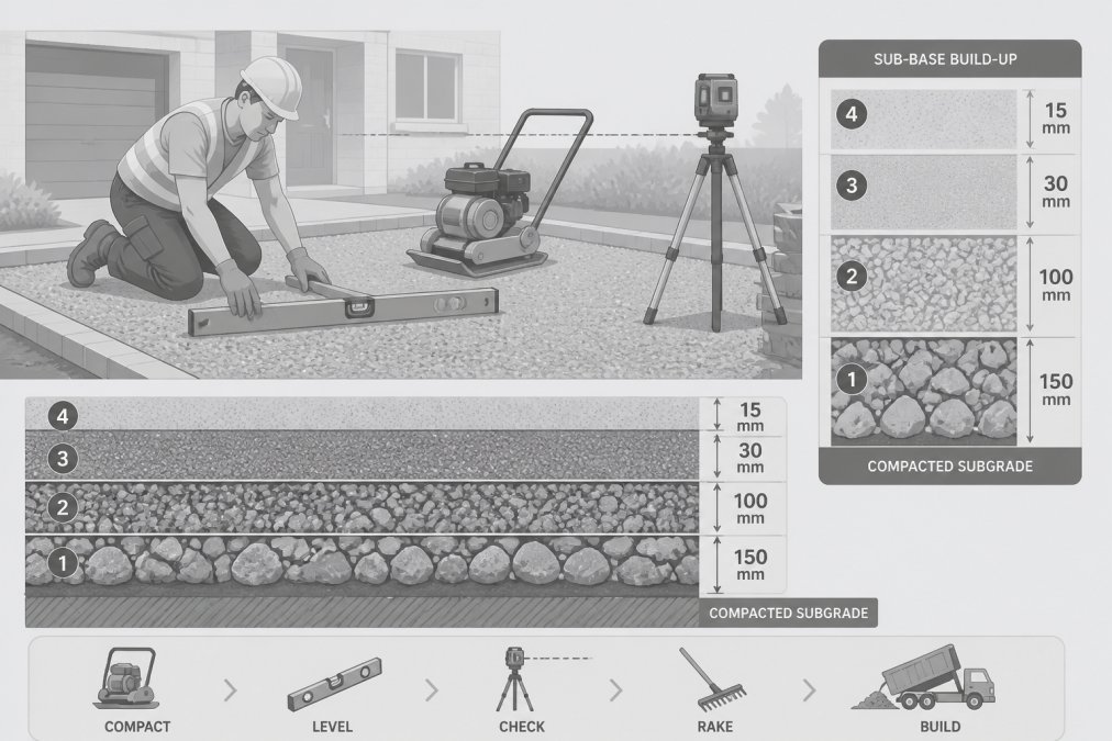 Professional installer preparing and levelling the sub-base groundwork before resin application, showing compacted stone base with tools and measuring equipment in clear daylight