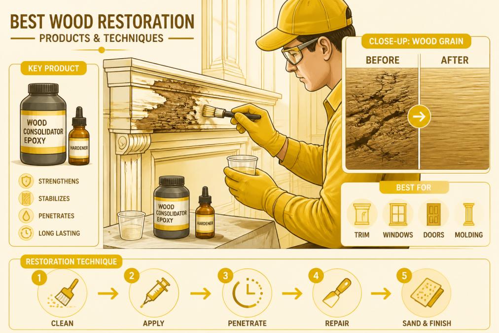Professional restorer carefully applying wood consolidator epoxy to deteriorated historic trim in a heritage home, showing hands at work with restoration materials and close-up detail of wood grain
