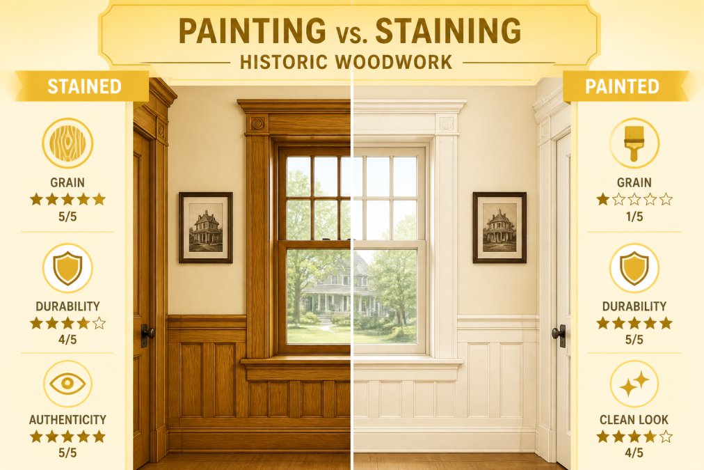 Split-view showing freshly stained historic woodwork on one side and professionally painted trim on the other, highlighting the contrast in finishes, wood grain visibility, and aesthetic appeal in period setting