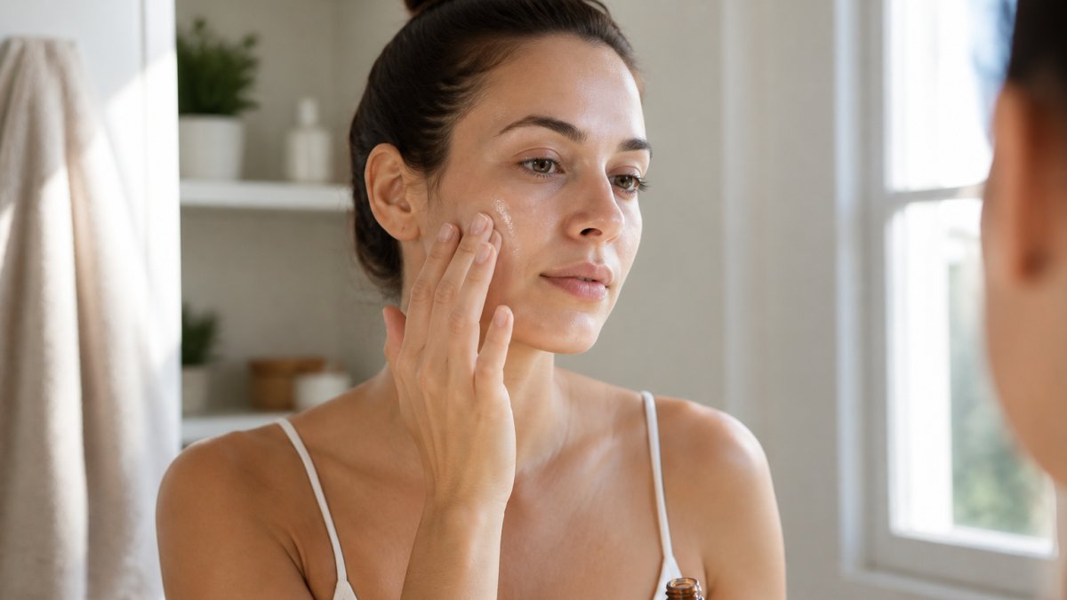 Woman gently massaging facial serum into her cheek in a bright, sunlit bathroom.