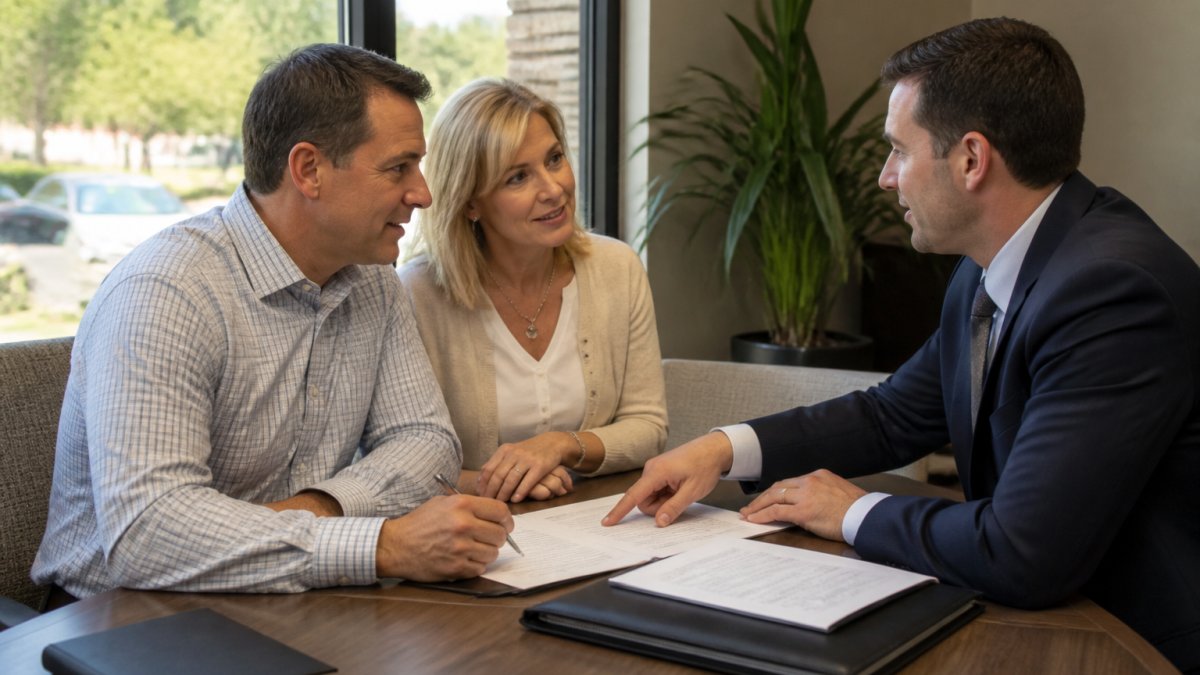 Financial advisor reviewing retirement planning worth with a couple in a modern office setting
