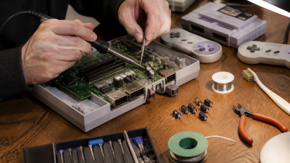 Close-up of hands using a soldering iron on a retro game console motherboard, capacitors and hand tools on a workbench under a bright lamp