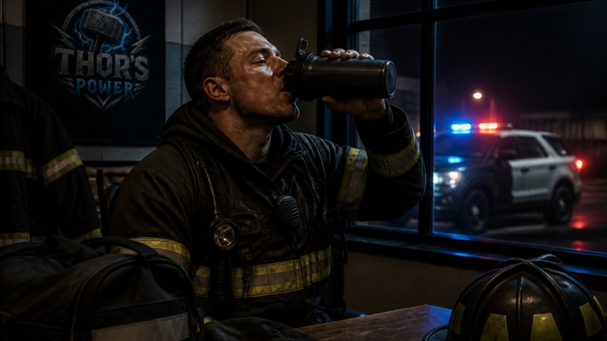 First responder in uniform drinking from a shaker bottle during a quiet night shift break at a station