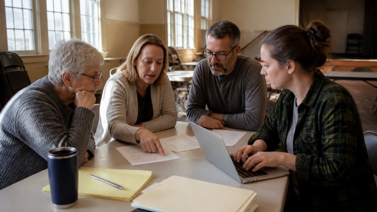 A small group of nonprofit volunteers sitting around a folding table in a community hall, one pointing at a printed budget sheet while another types on a laptop, afternoon light through tall windows