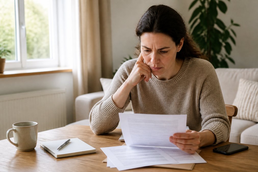 Parent reviewing paperwork and terms on a laptop at home with a notepad for taking notes in warm natural light