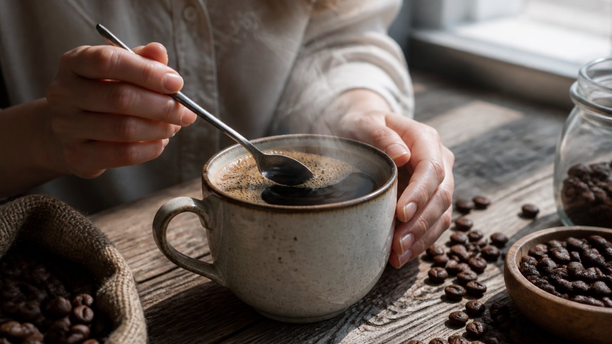 Close-up of freshly brewed specialty coffee in a ceramic cup with visible crema, steam rising, and coffee beans scattered on a wooden surface nearby