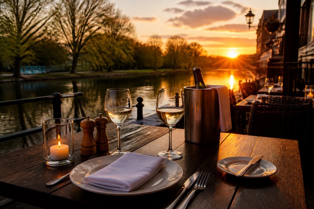 A beautifully set table on a riverside terrace at golden hour, wine glasses catching warm amber light, candles flickering, with a calm river reflecting the evening sky in the background