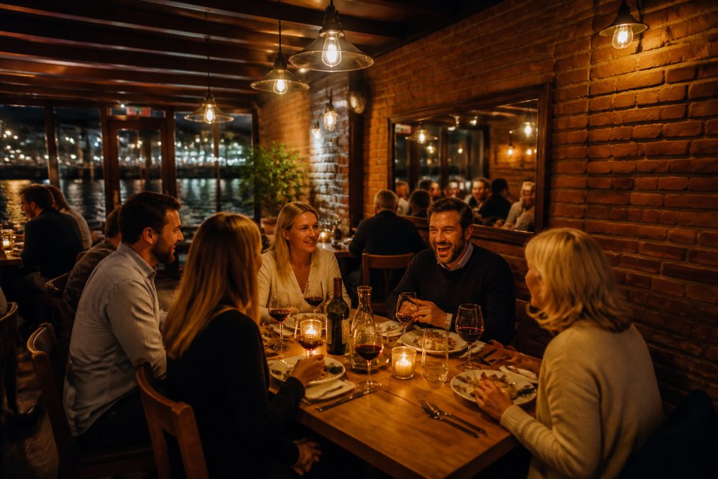 Warm interior of a cosy independent bistro with exposed brick, wooden furnishings, and guests laughing over food and drinks, candles on tables, soft amber lighting creating an intimate atmosphere