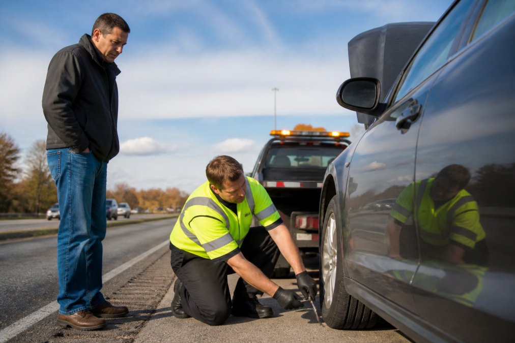 Professional roadside technician in uniform assisting a stranded driver next to a disabled vehicle on the shoulder of a highway during daytime, with emergency lights visible