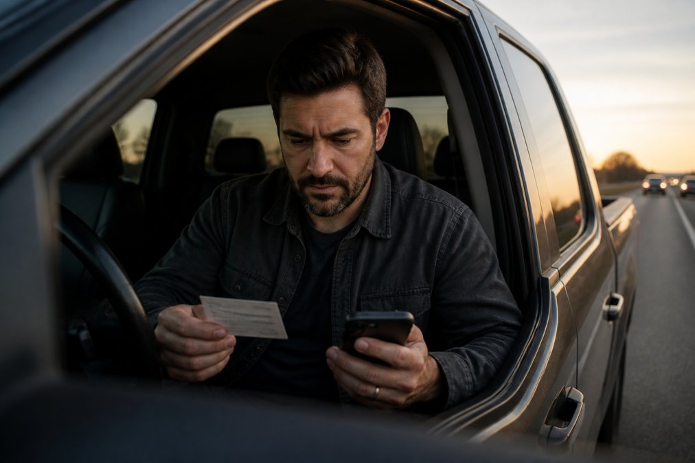 A driver sitting in the cab of a parked pickup truck on the shoulder of a highway, looking down at a roadside assistance card and a smartphone, late afternoon light, concerned but calm expression
