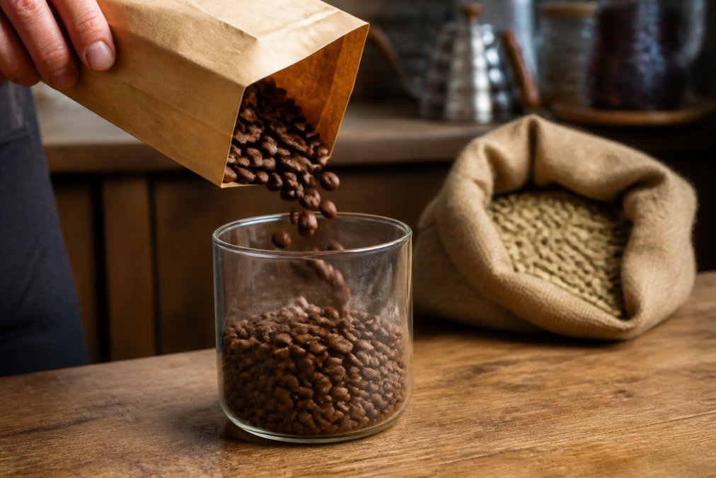 A hand pouring freshly roasted whole coffee beans from a craft paper bag into a clear glass container on a wooden kitchen counter, with a burlap sack of green coffee beans blurred in the background