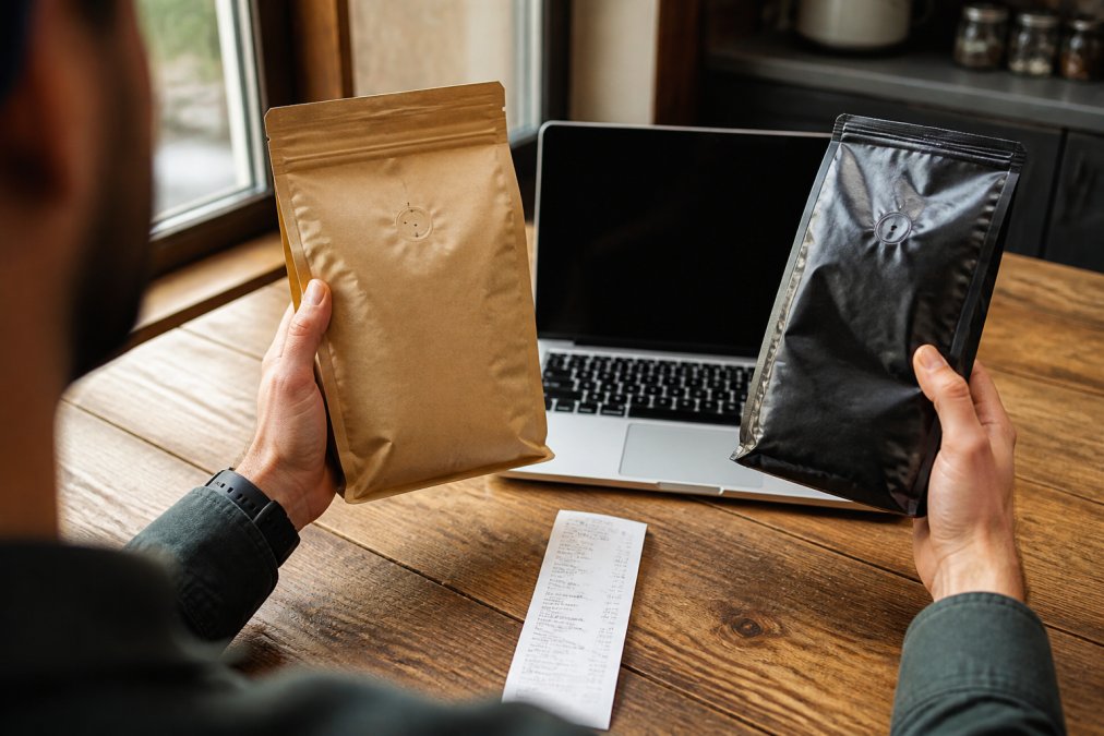A coffee enthusiast holding a fresh Coffee Depot roast-to-order package in one hand and a standard grocery store coffee bag in the other, with a laptop displaying pricing comparison and a receipt visible on the wooden table between them, natural window lighting