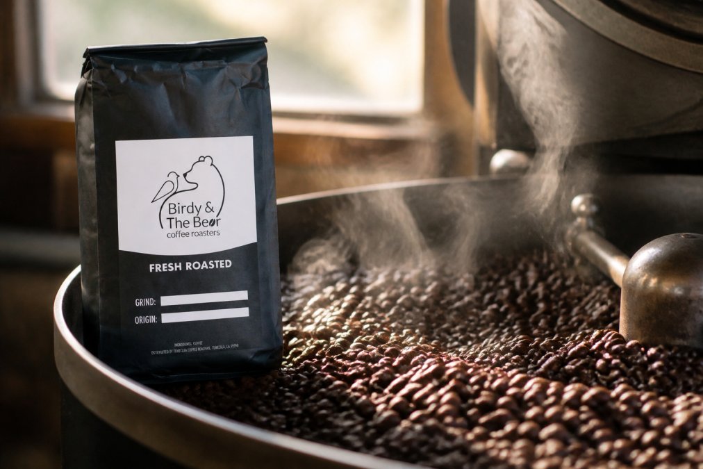 Close-up of freshly roasted coffee beans still warm and glistening, with visible steam rising from the beans in soft natural light
