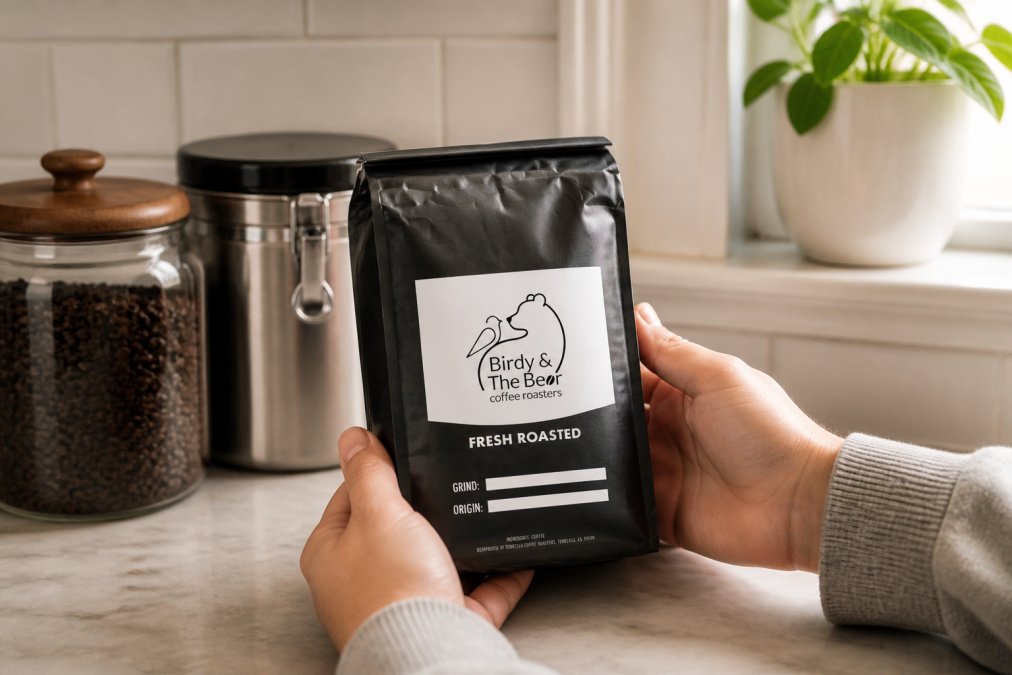 Hands holding a sealed, vacuum-sealed coffee bag with a roast date label visible, positioned on a kitchen counter with other storage containers in soft natural light