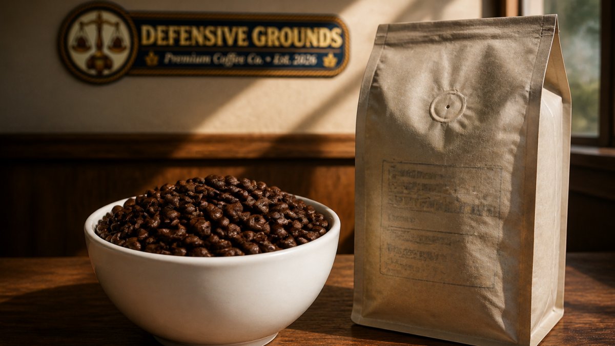Close-up of freshly roasted dark brown coffee beans in a white ceramic bowl next to a sealed supermarket coffee bag showing faded labeling, with natural morning sunlight casting shadows across both