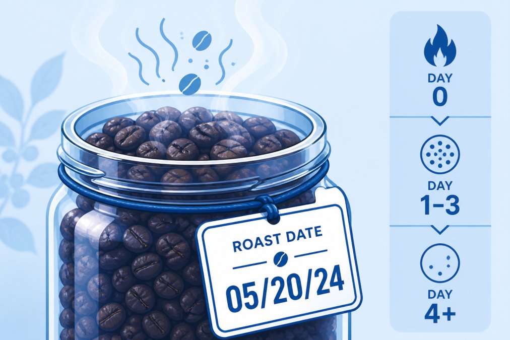 Close-up of freshly roasted coffee beans in a clear glass jar showing visible steam and aroma rising, with a date label showing the roast date clearly visible