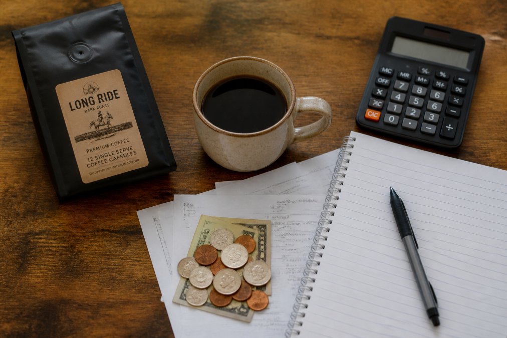 Overhead shot of a premium coffee bag labeled with roast date and origin, placed next to a ceramic coffee cup and open notebook, representing the specialty coffee purchase decision