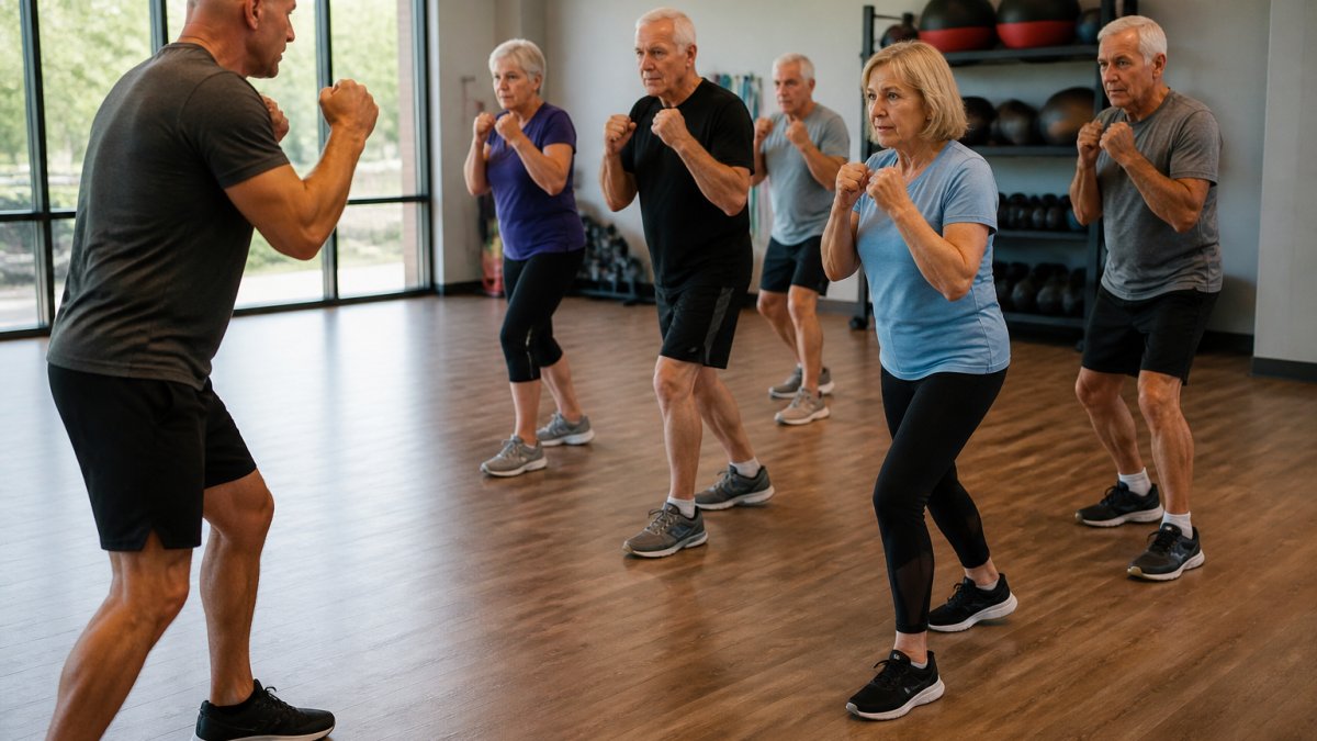 Infographic illustrating the rock steady boxing effective stance for older adults during a first training session.