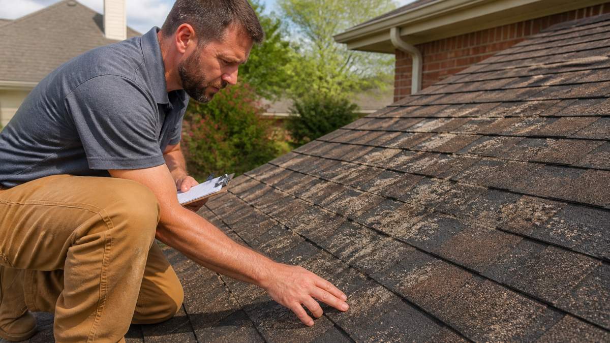 Professional roofer inspecting aged asphalt shingles showing fading and granule loss in natural sunlight on residential roof
