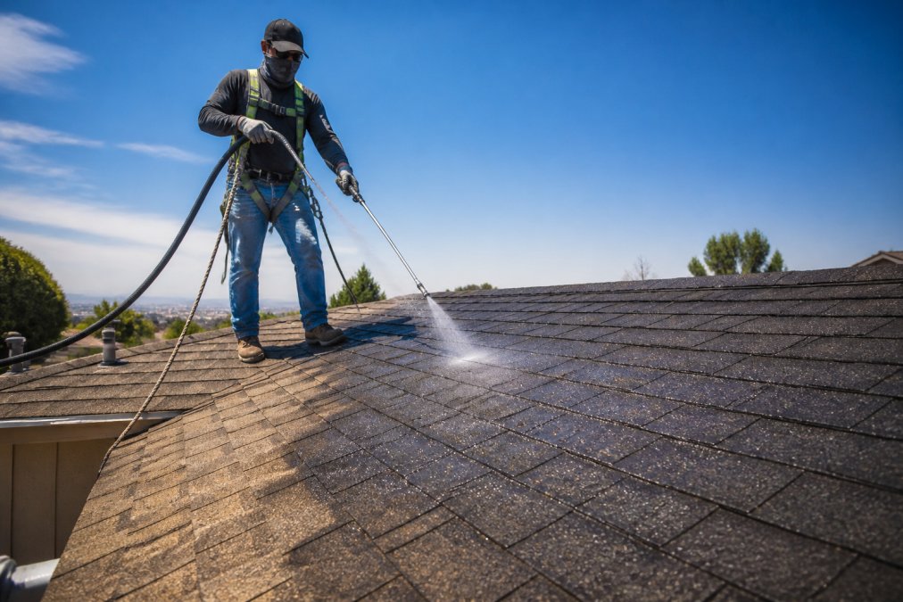 Roofing technician applying a clear roof rejuvenation treatment to aged, textured asphalt shingles on a home.