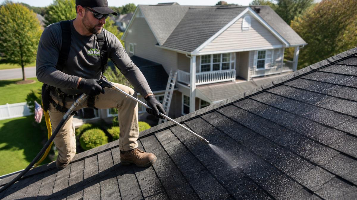 Roofing technician applying a soy-based treatment for roof rejuvenation on asphalt shingles