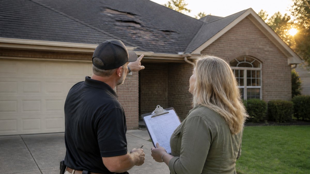 A homeowner and a roofing contractor standing on a driveway, reviewing a clipboard with insurance paperwork and pointing at a damaged roof in the background, late afternoon light
