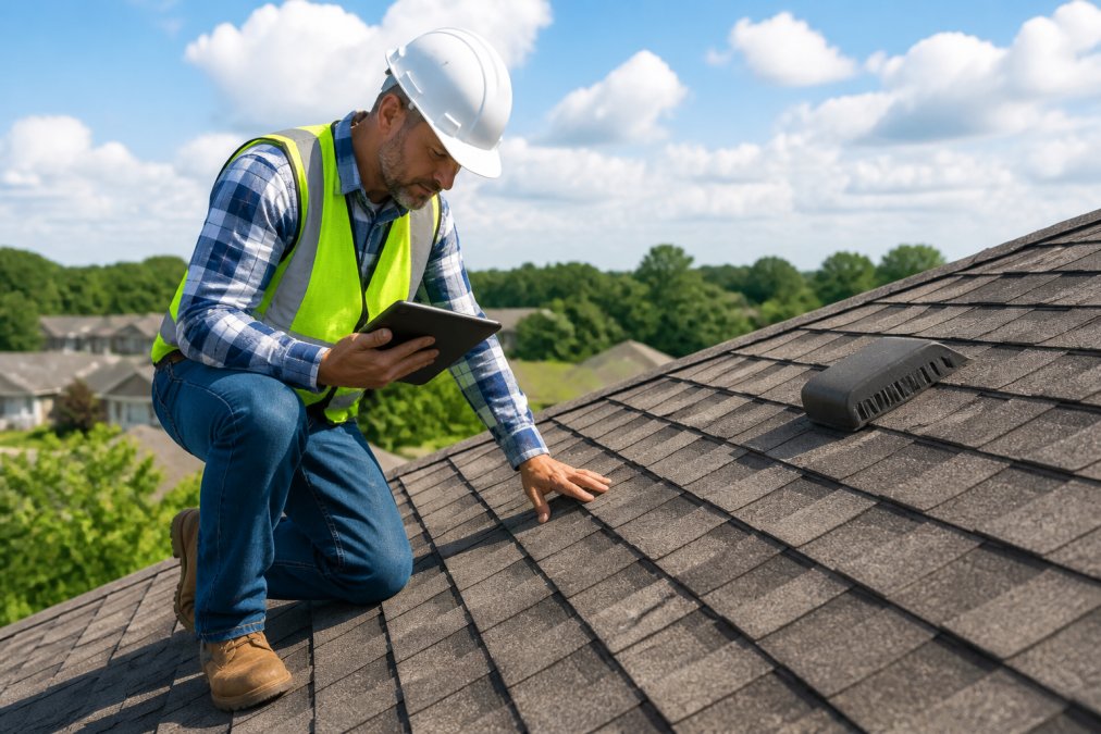 Roofing contractor using a tablet to inspect shingles for a roof replacement financing cost estimate