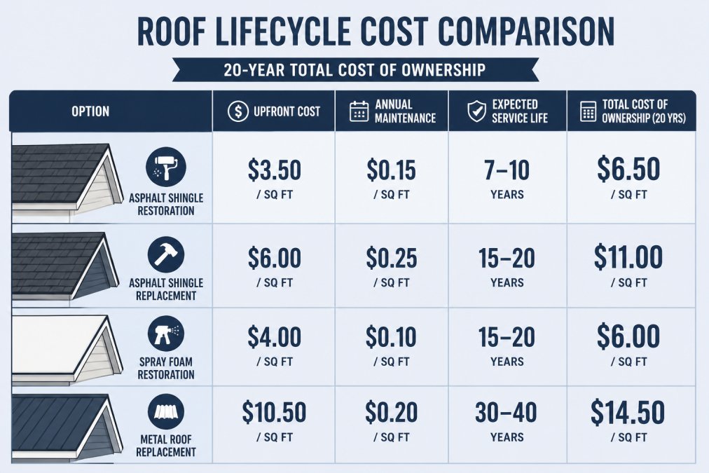 Comparison table showing 20-year cost of ownership to determine roof restoration worth vs. full replacement