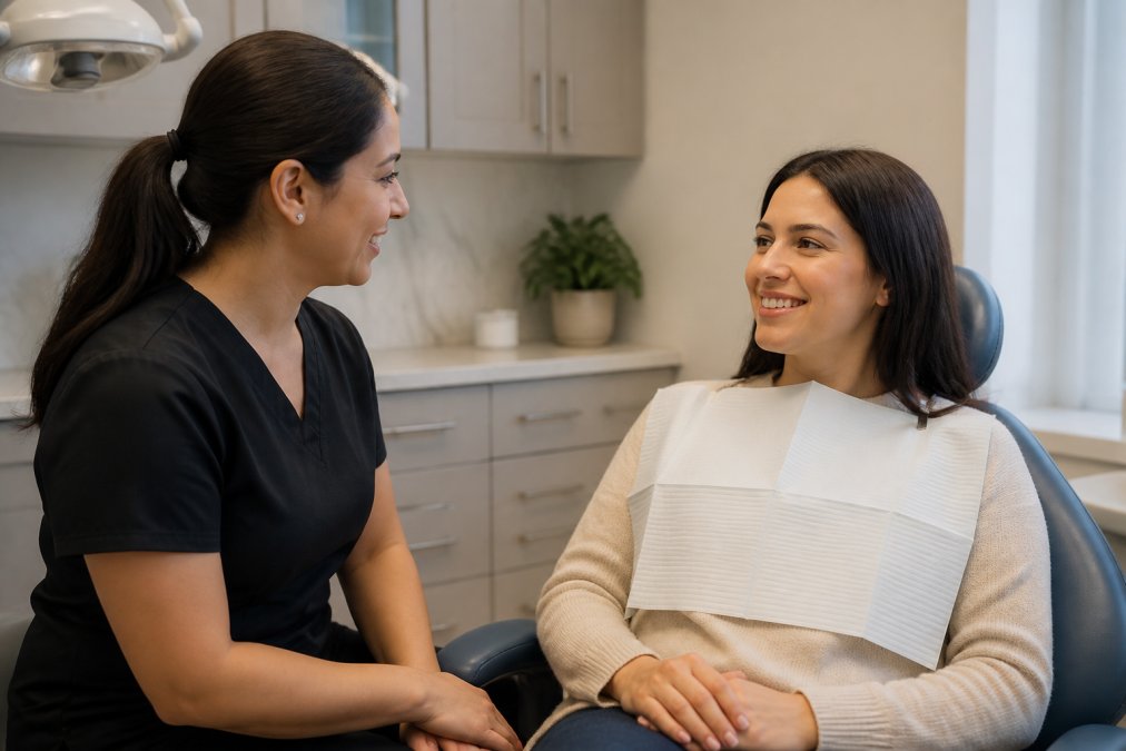 A dental professional sitting beside a relaxed patient in a treatment chair, having a calm conversation before a procedure, with soft lighting and a welcoming environment
