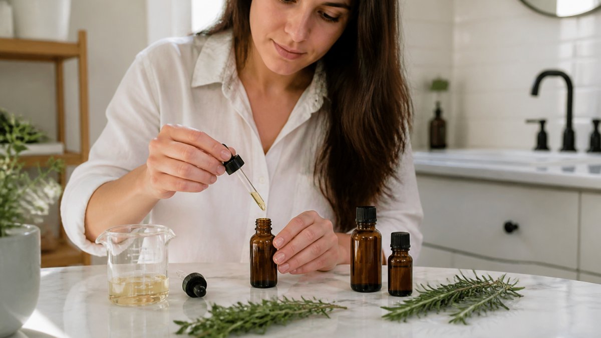 Woman mixing rosemary essential oil with carrier oil in a glass dropper bottle on a marble countertop