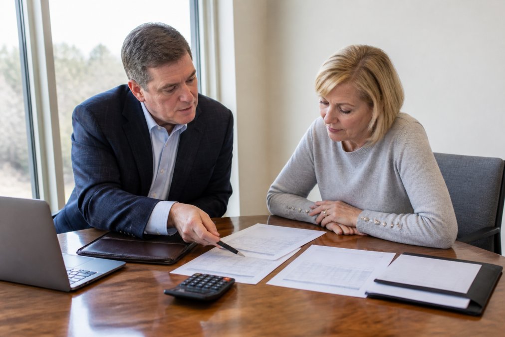 Financial advisor and client reviewing retirement income documents and tax planning worksheets at a desk with calculator and laptop visible, natural office lighting
