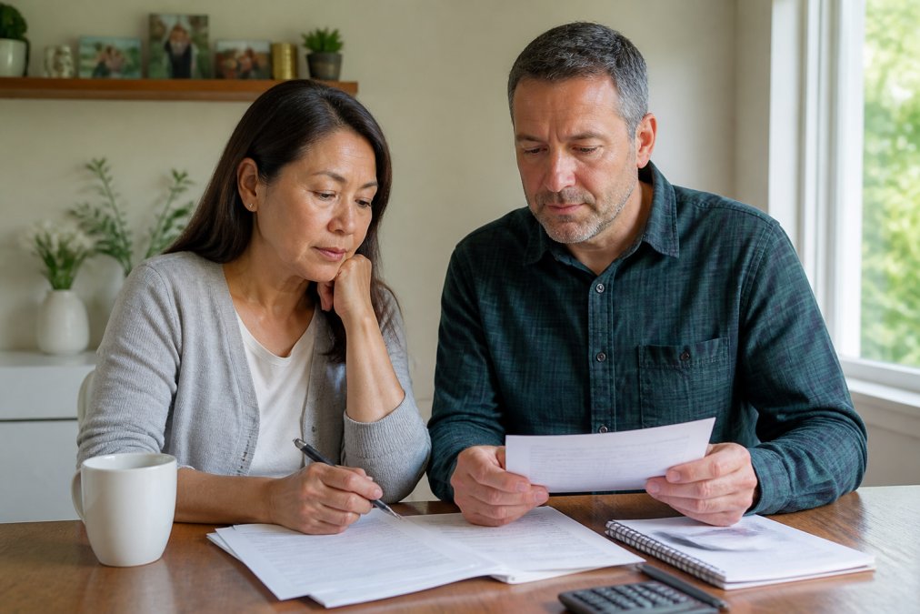 Middle-aged couple in casual home office setting, looking thoughtful while reviewing financial statements and planning documents together, natural daylight from windows