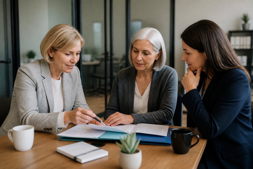 Two professional women in a financial consultation with advisor in modern office, reviewing retirement documents together, discussing strategy with laptop and papers visible, warm natural lighting